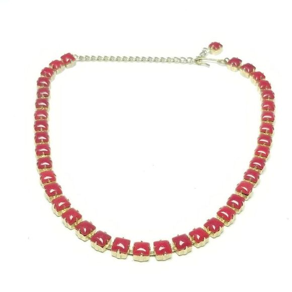 Vintage Bright Red Rhinestone Adjustable Length Necklace, Retro 70s Style - Picture 1 of 5
